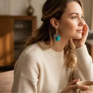 Boho Faux Turquoise Filigree Butterfly Dangle Earrings Silver-Tone Jewelry